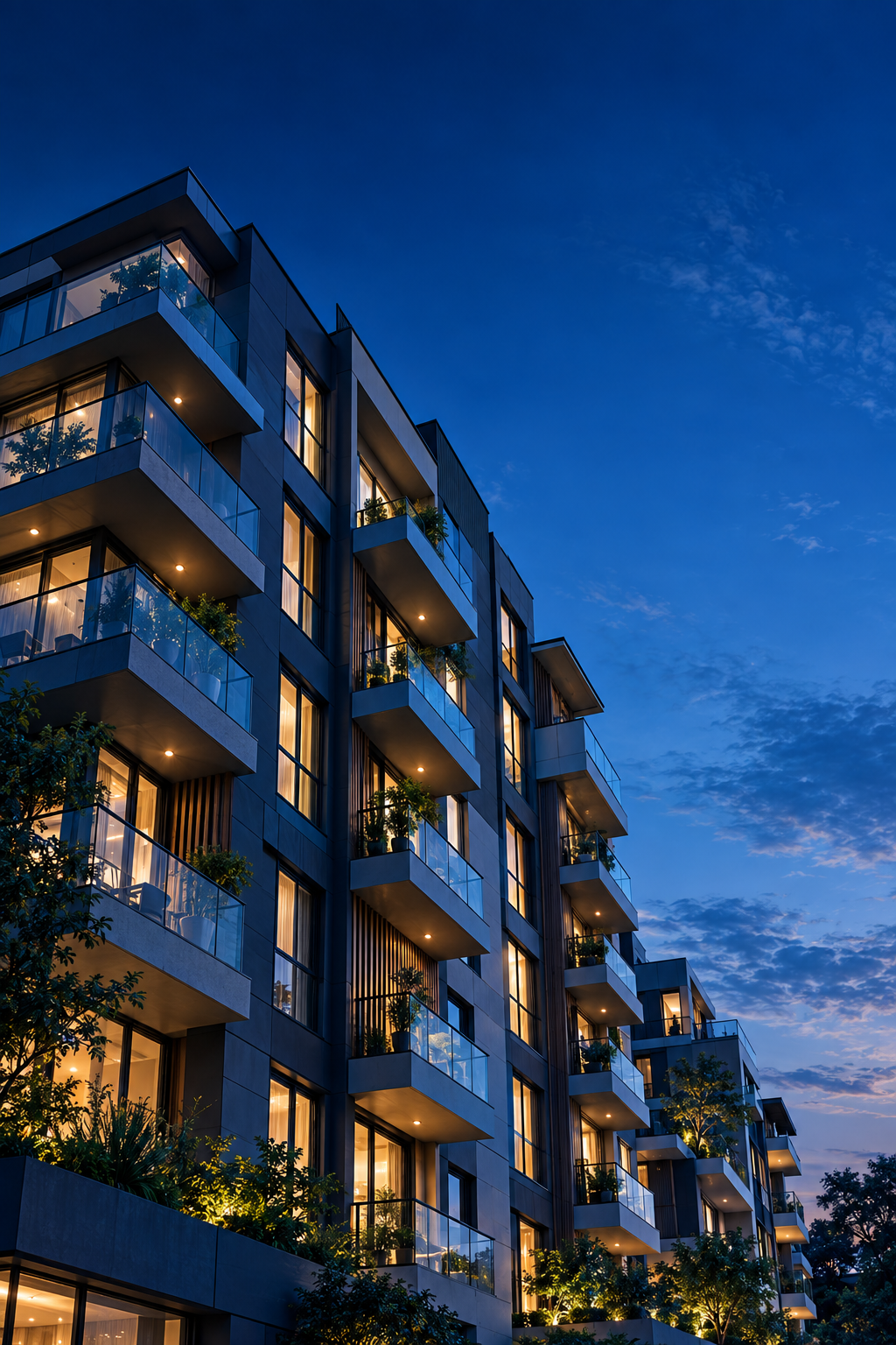 Apartment building exterior at dusk