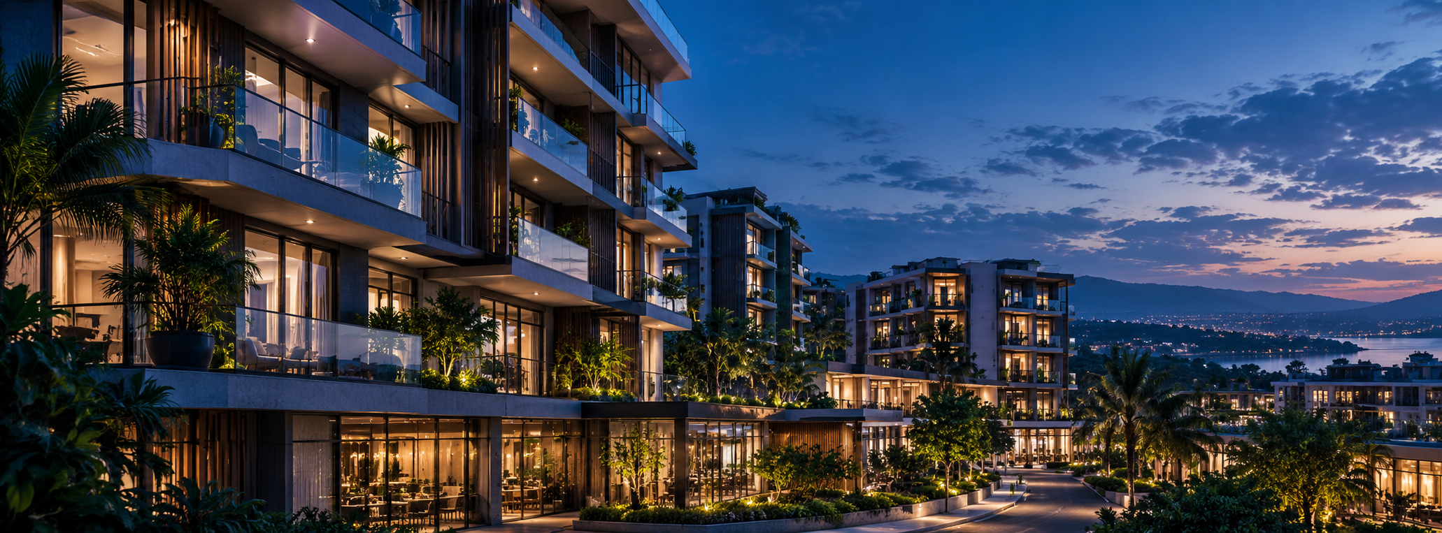 Apartment and commercial buildings at dusk
