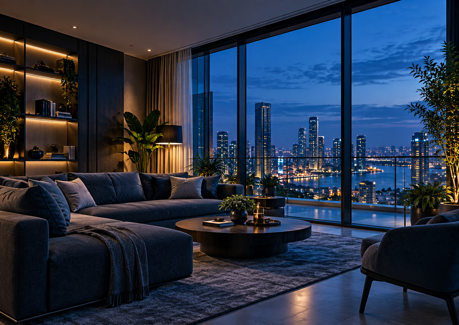 Apartment living room overlooking the city