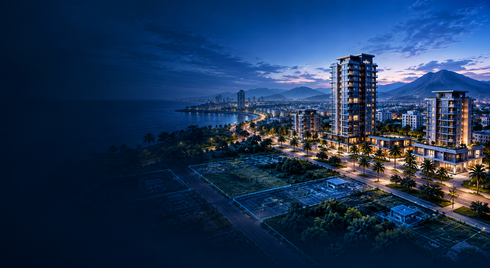 Coastal city and residential towers at dusk, with land parcels marked along the shore